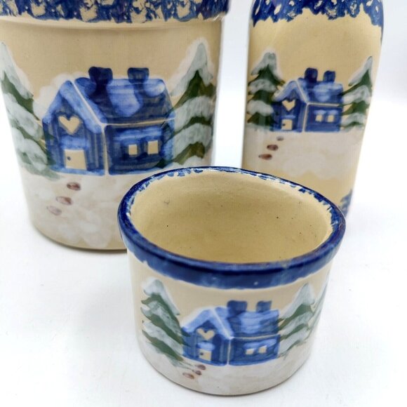 Alpine Pottery Ohio 1995 Blue Snow Cottage Hand Painted Winter Decor Set - Picture 3 of 11